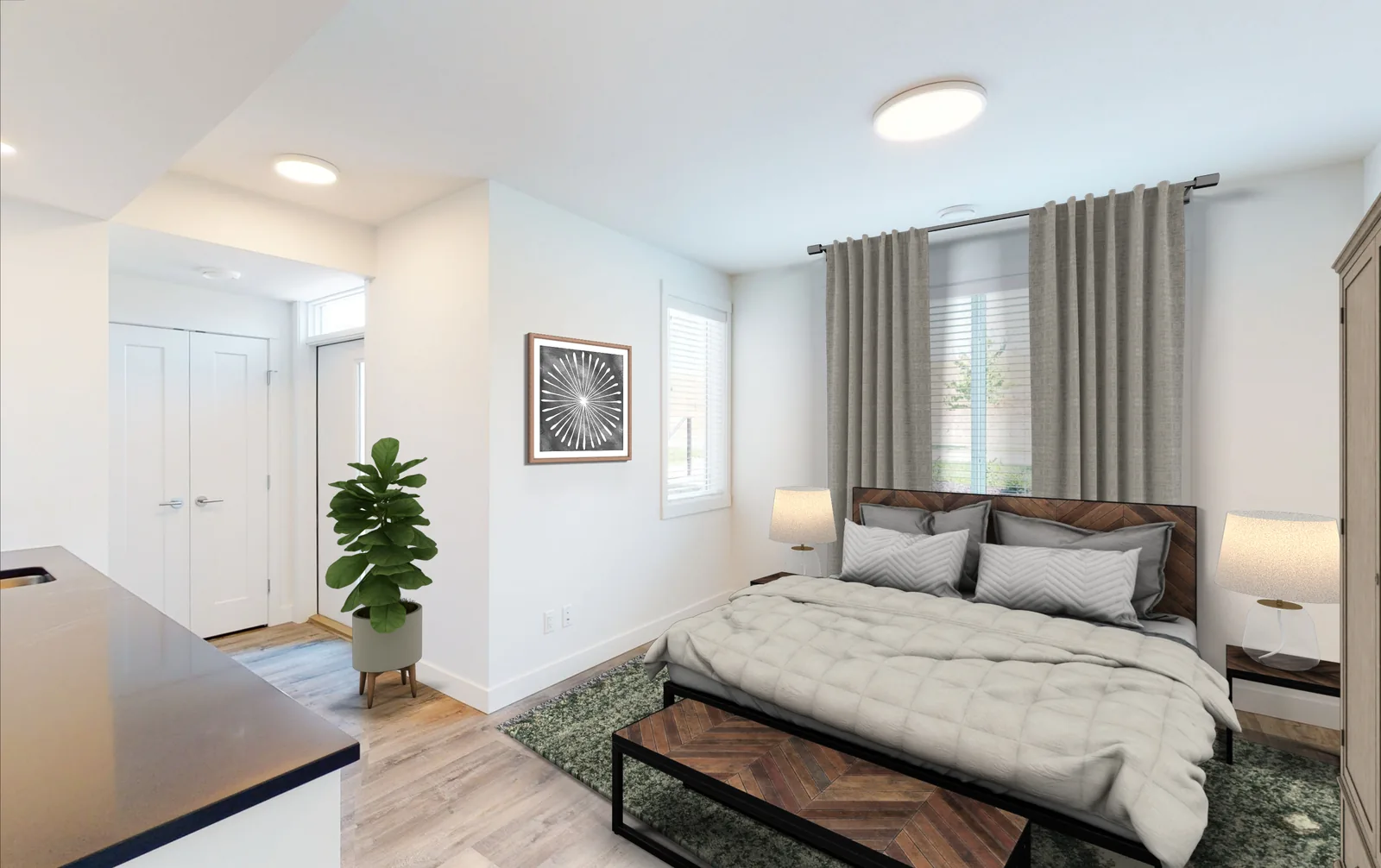 An Academy Ridge lock-off flex room furnished as a guest bedroom, first view