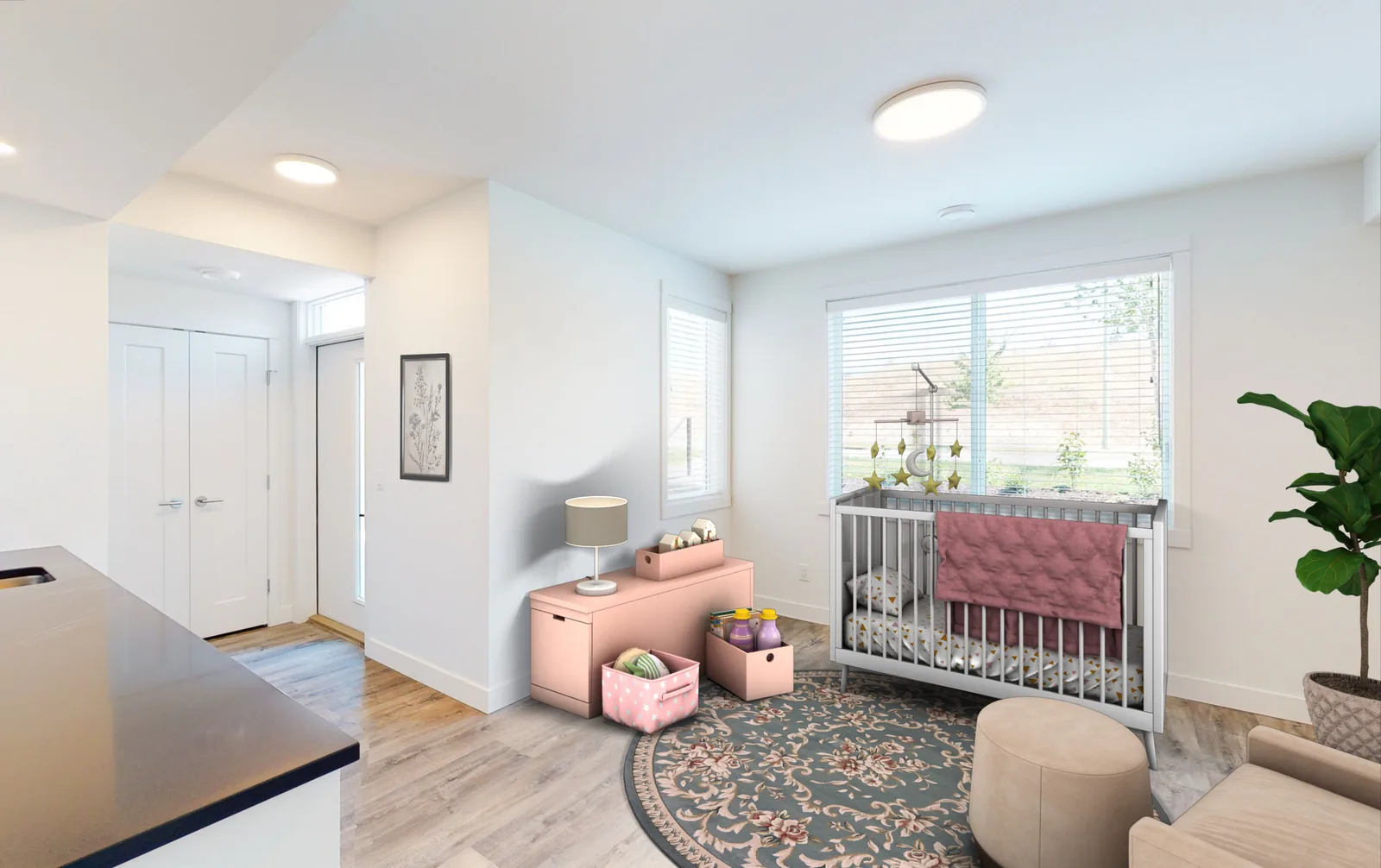 An Academy Ridge lock-off flex room furnished as a nursery, first view