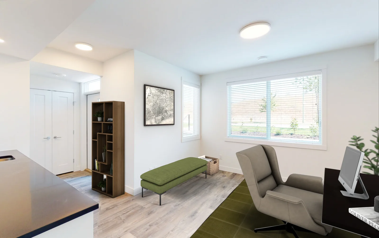 An Academy Ridge lock-off flex room furnished as a home office, first view